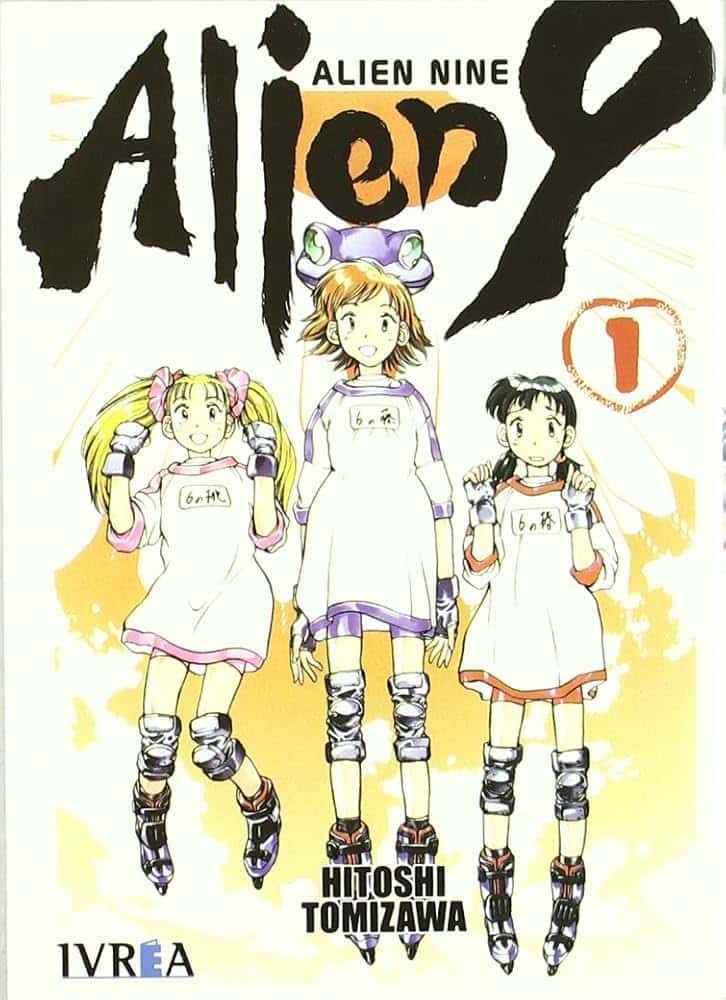 alien nine cover. three schoolgirls wearing rollerskates hang in the air. one of them wears a frog-like hat with white wings.