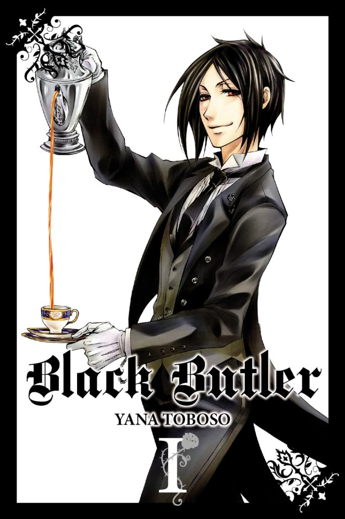 black butler cover. a handsome butler wearing a black suit and tie pours tea from a kettle into a cup.