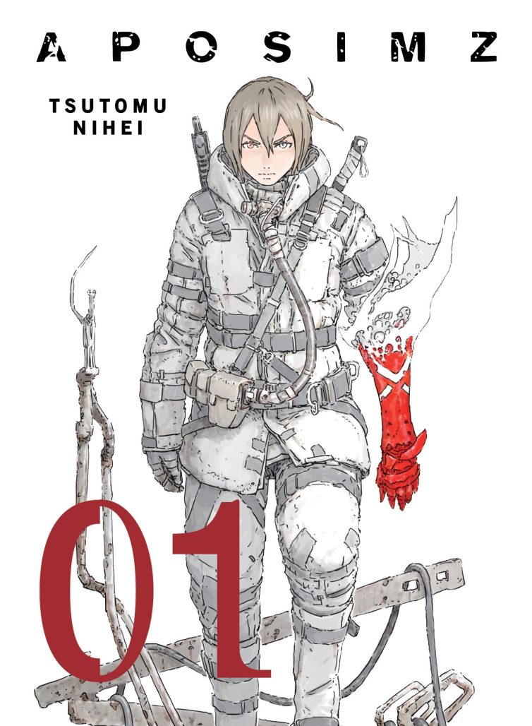 aposimz cover. a boy wearing a white survival jacket walks forward. his right arm is red. his left eye is red and his right eye blue.