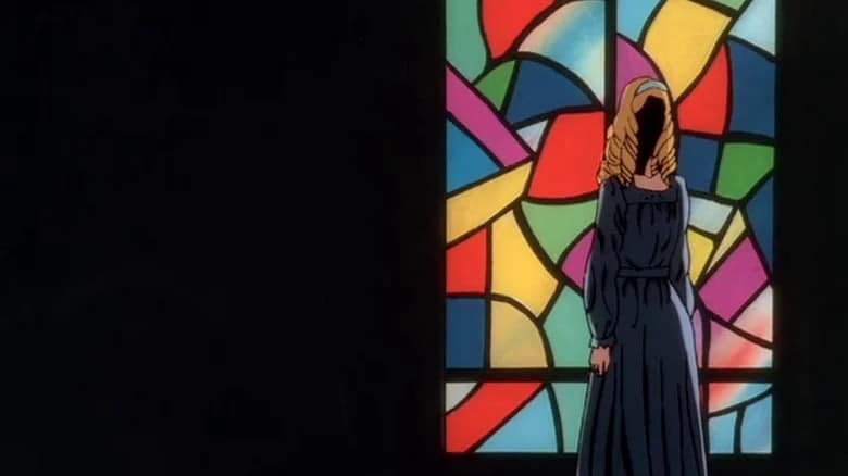 screencap from dear brother depicting a character standing against a stained glass window in heavy shadow