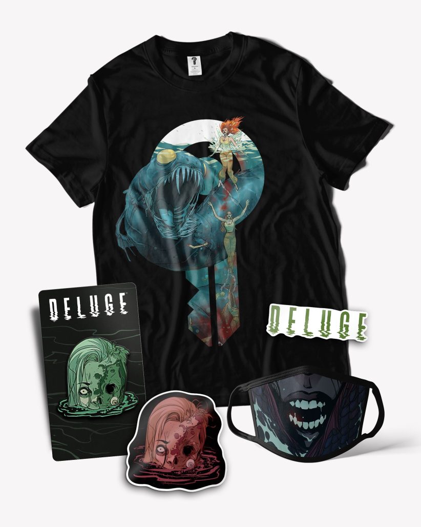 Deluge merchandise, including the shirt designed by Riley Rossmo