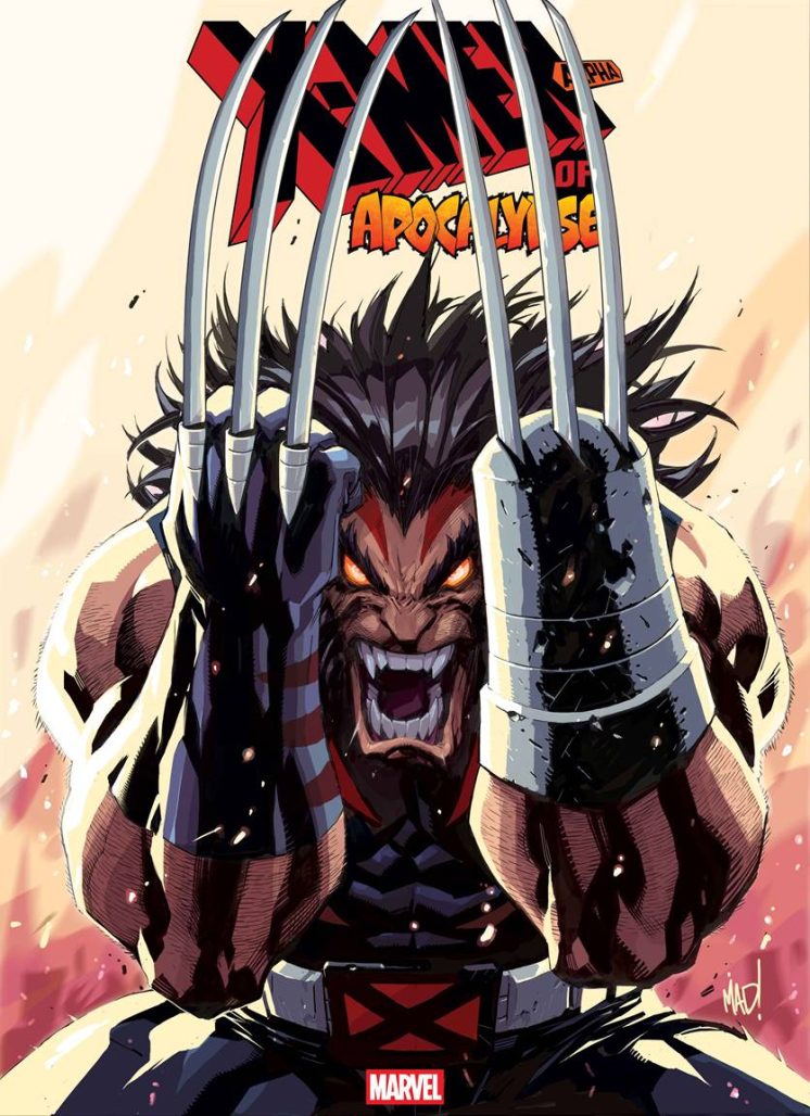 Weapon X, the Wolverine of the Age of Apocalypse, screams with both claws popped out. His left hand is missing. Behind him are flames.