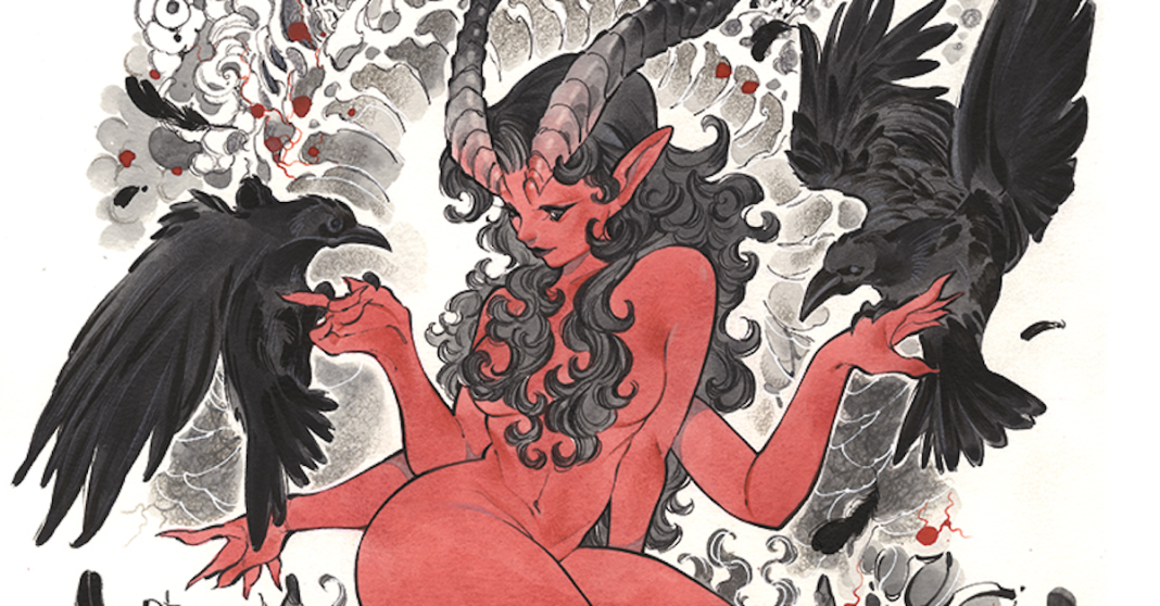 Cover of Post Malone's Big Rig by Peach Momoko, feat. a four-armed devil girl putting out her hands for two crows.