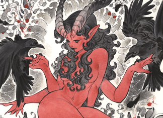 All About Post Malone’s BIG RIG From Vault Comics Cover of Post Malone's Big Rig by Peach Momoko, feat. a four-armed devil girl putting out her hands for two crows.