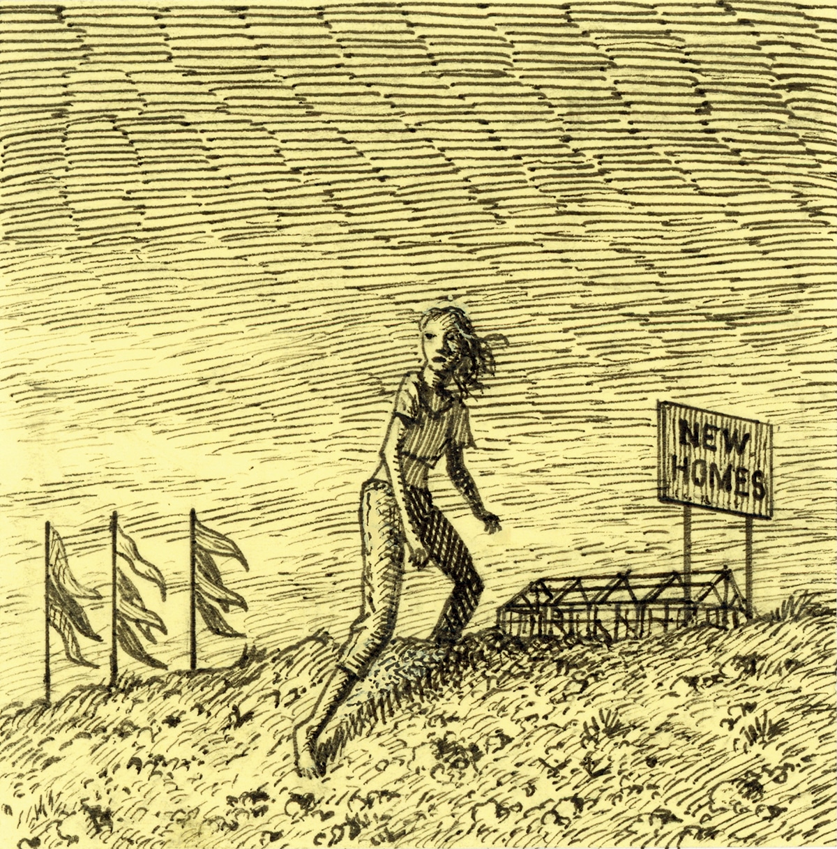 Post-It drawing of a woman in front of a "New Homes" sign