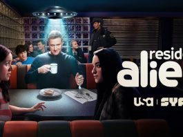 Interview: We abduct the cast and crew of RESIDENT ALIEN season 4 RESIDENT ALIEN -- Pictured: "Resident Alien" Key Art -- (Photo by: SYFY). The cast poses in a diner. A UFO appears above Harry's head.