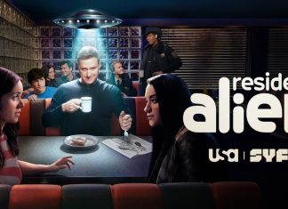Interview: We abduct the cast and crew of RESIDENT ALIEN season 4 RESIDENT ALIEN -- Pictured: "Resident Alien" Key Art -- (Photo by: SYFY). The cast poses in a diner. A UFO appears above Harry's head.