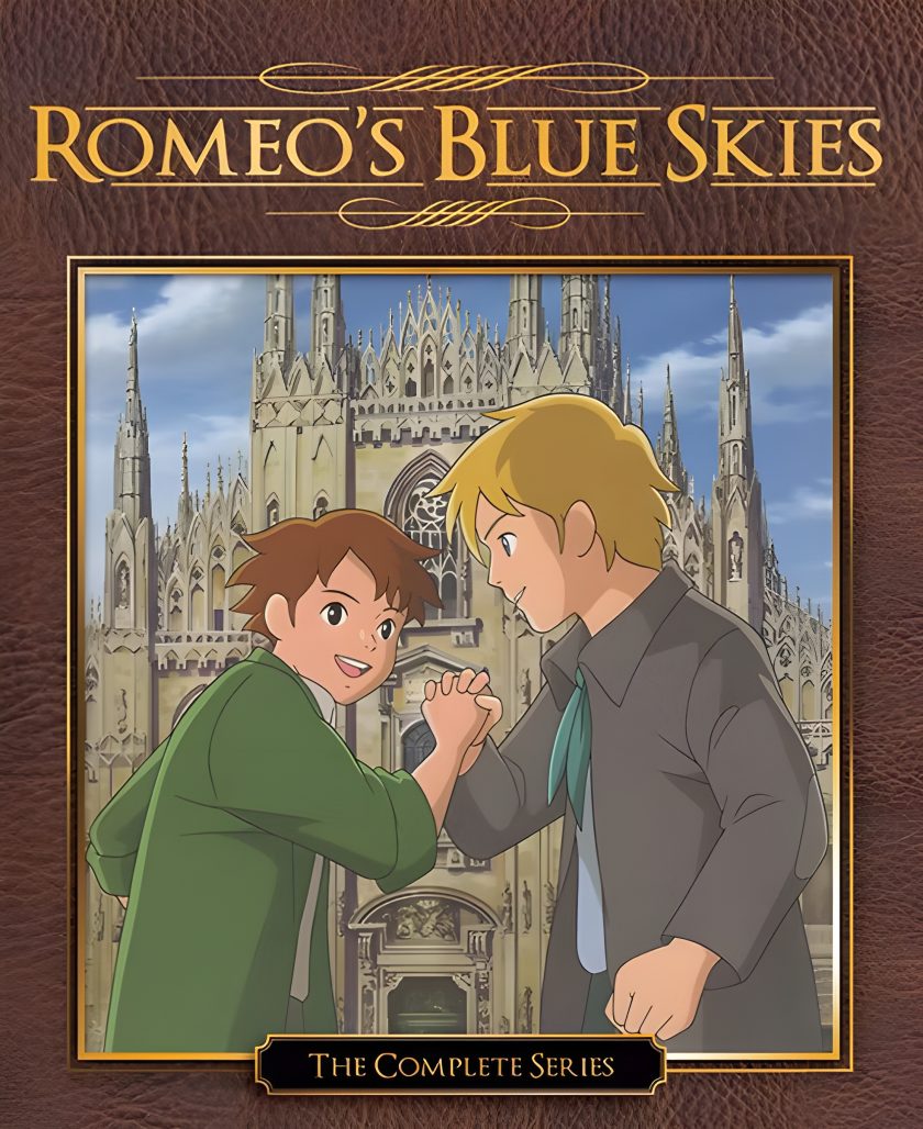 Photo of blu-ray cover for Romeo's Blue Skies featuring two animated boys clasping hands in front of a cathedral.