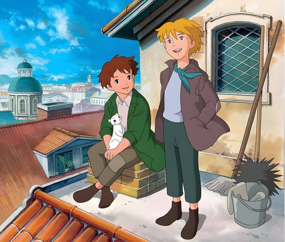 Two boys who are chimney sweeps stand on a rooftop with their supplies