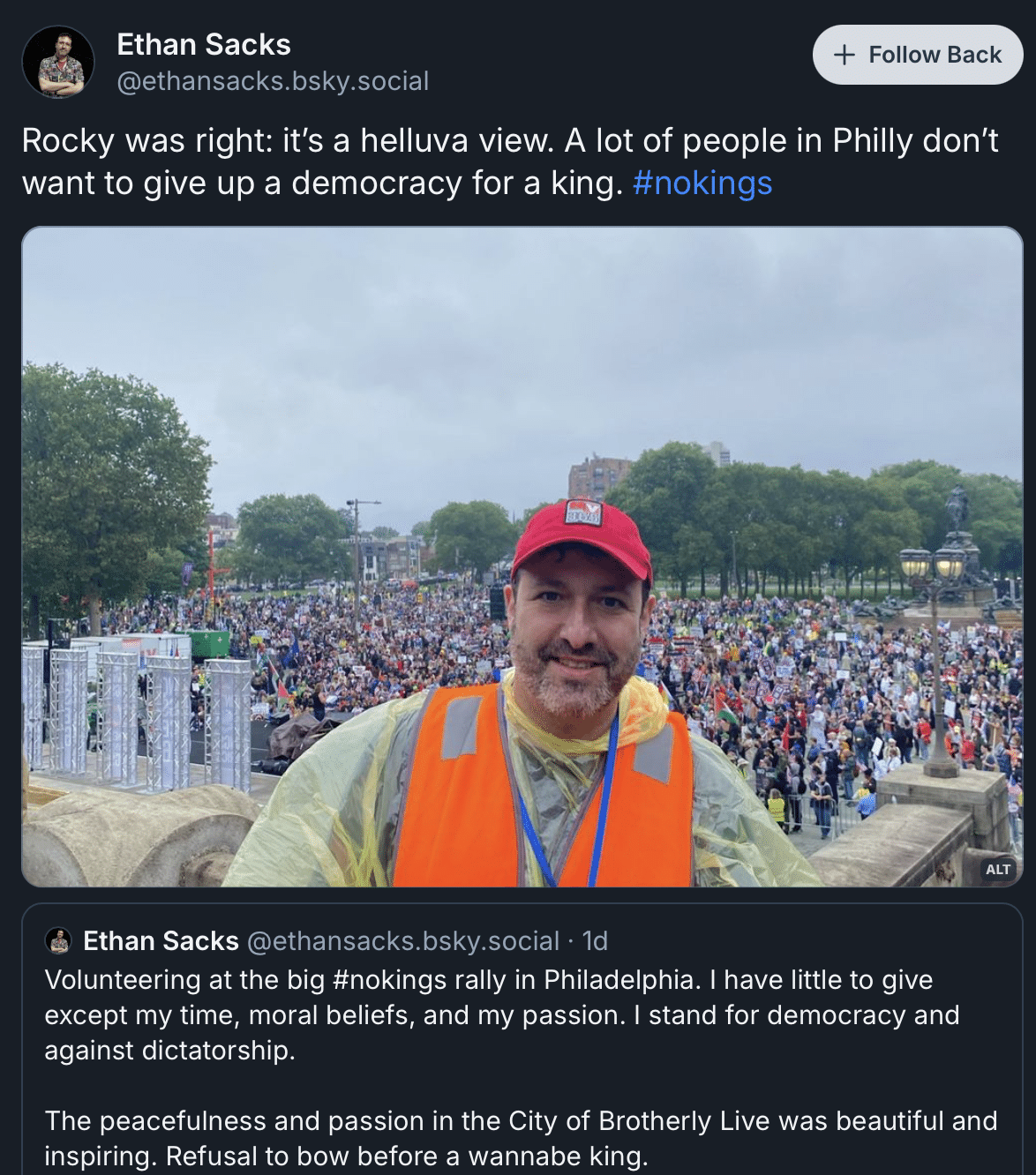 Ethan Sack volunteering at No Kings protest