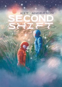 Two people wearing spacesuits stand in a grassy area.