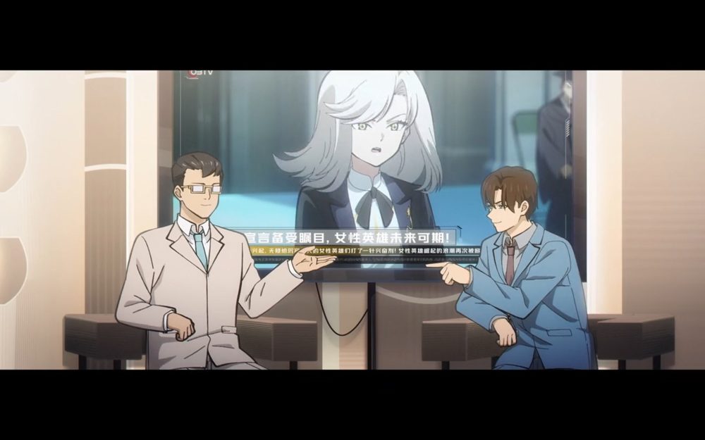 two men wearing suits discuss a young version of queen on a television behind them
