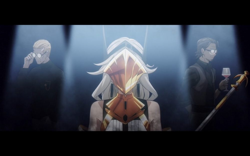queen stands wearing her golden mask. the ceo of dos, and her father the journalist, can be seen on her left and right.