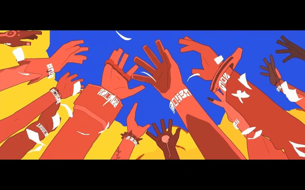 red hands marked by trust values reach out to a blue sky