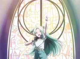 lucky cyan header. green haired teenage girl points towards sky with window in background