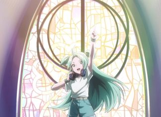 Anime Review: TO BE HERO X’s Lucky Cyan rocks out lucky cyan header. green haired teenage girl points towards sky with window in background