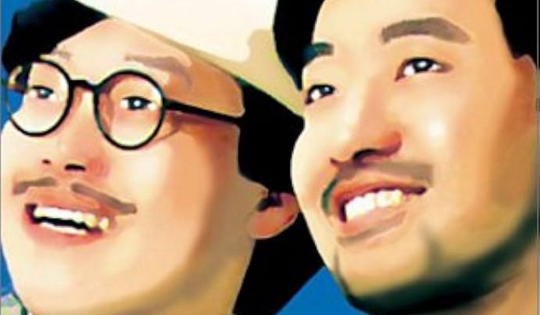 monkey header even a monkey can draw manga header. two jovial men stare off into the distance. the one on the left is wearing circular glasses.