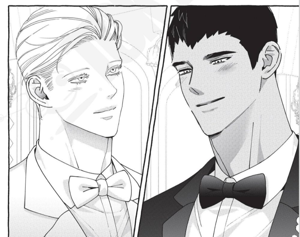 Manga panel of two men in wedding suits look at each other fondly at their wedding.