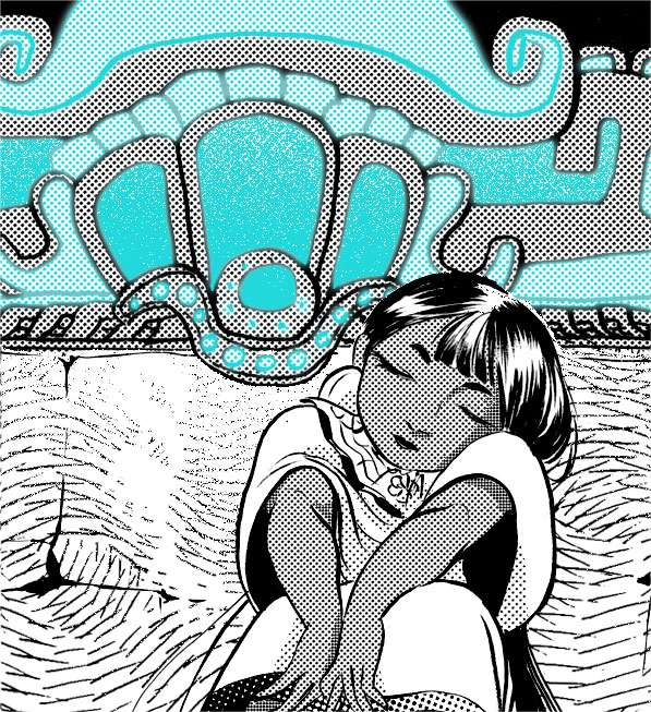 necahual image. a dark skinned woman closes her eyes while sitting on a sofa. above the sofa is a blue shell-like design.