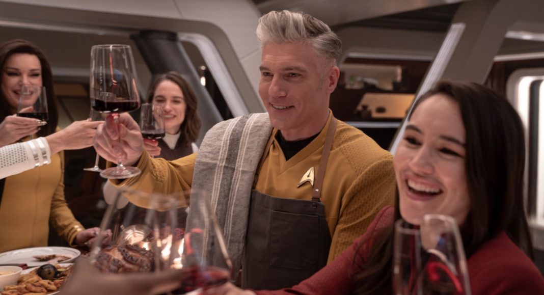 L to R Rebecca Romijn as Una, Melanie Scrofano as Batel, Anson Mount as Capt. Pike and Christina Chong as Laían in season 3 , Episode 7 of Strange New Worlds streaming on Paramount+.