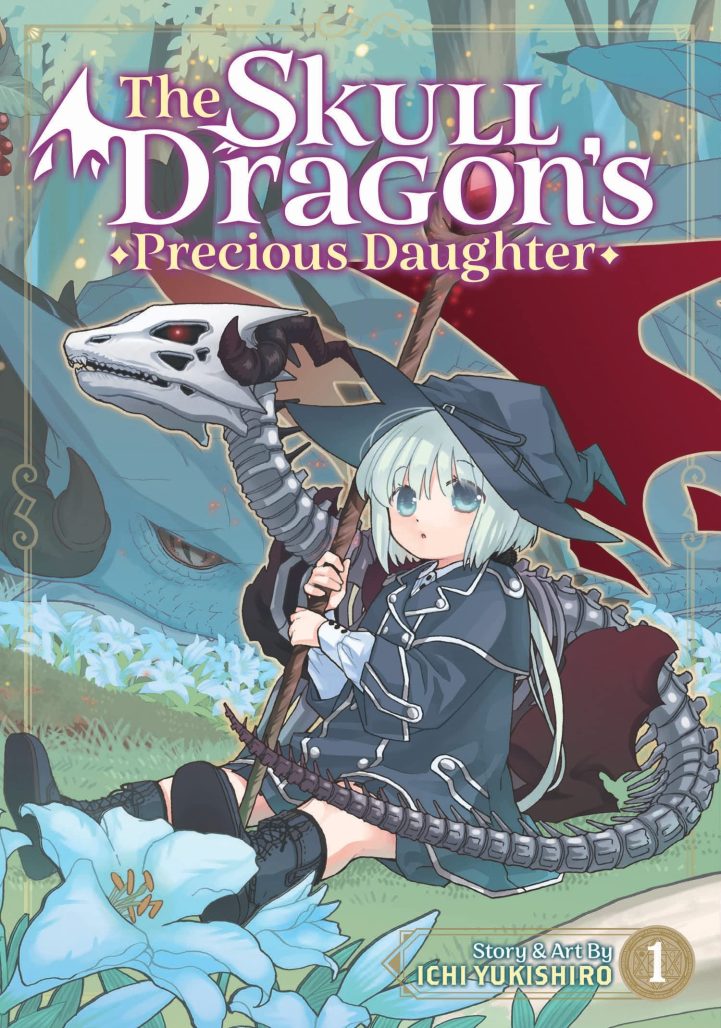 the skull dragon's precious daughter cover. skeleton dragon and young girl wearing a cloak and holding a staff walk together through forest.