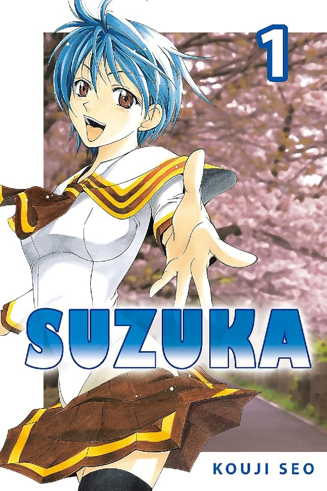suzuka cover. girl with short blue hair wearing high school uniform reaches out to the reader. a blooming pink cherry blossom tree can be seen in the background.