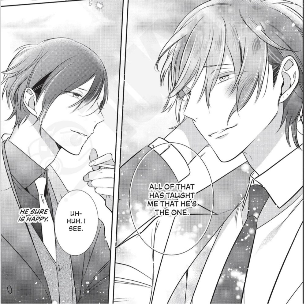 Two men in business suits look at teach other; one is blushing sweetly.