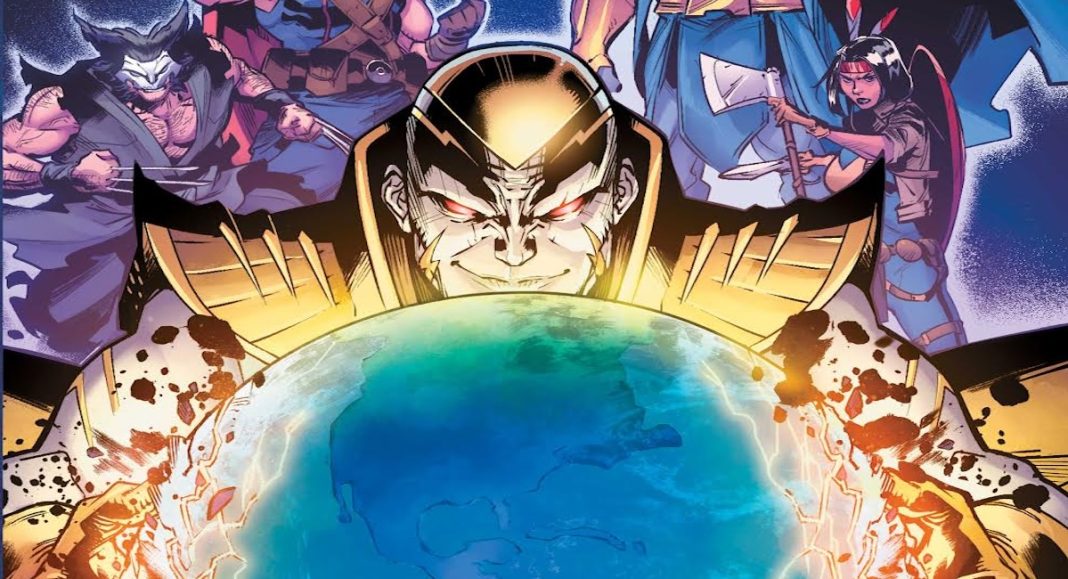The villain Revelation gazes upon a world that he has reshaped in his image. Behind him are various figures from this new world, such as Wolverine and Apocalypse