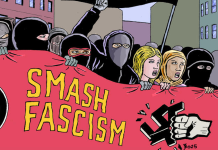Interview: Gord Hill on THE ANTIFA COMIC BOOK: REVISED & EXPANDED A group of antifascists holding a banner that says "Smash Fascism" with an image of a fist punching a swastika. From the cover of The Antifa Comic Book