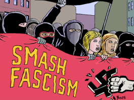 Interview: Gord Hill on THE ANTIFA COMIC BOOK: REVISED & EXPANDED A group of antifascists holding a banner that says "Smash Fascism" with an image of a fist punching a swastika. From the cover of The Antifa Comic Book