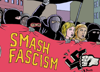 Interview: Gord Hill on THE ANTIFA COMIC BOOK: REVISED & EXPANDED A group of antifascists holding a banner that says "Smash Fascism" with an image of a fist punching a swastika. From the cover of The Antifa Comic Book