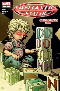Valeria Richards sits in front of a tower of alphabet blocks that spell DOOM