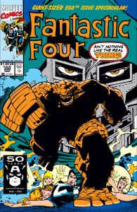 The Thing runs towards the reader, Dr. Doom looms in the background, and the FF look on in terror.