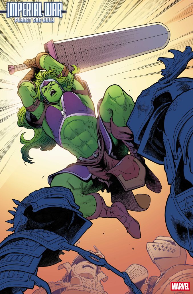 She-Hulks comes down swinging with her GIANT SWORD.