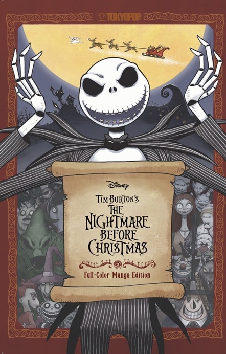 A skeleton in a black striped suit graces the cover of the Nightmare Before Christmas manga.