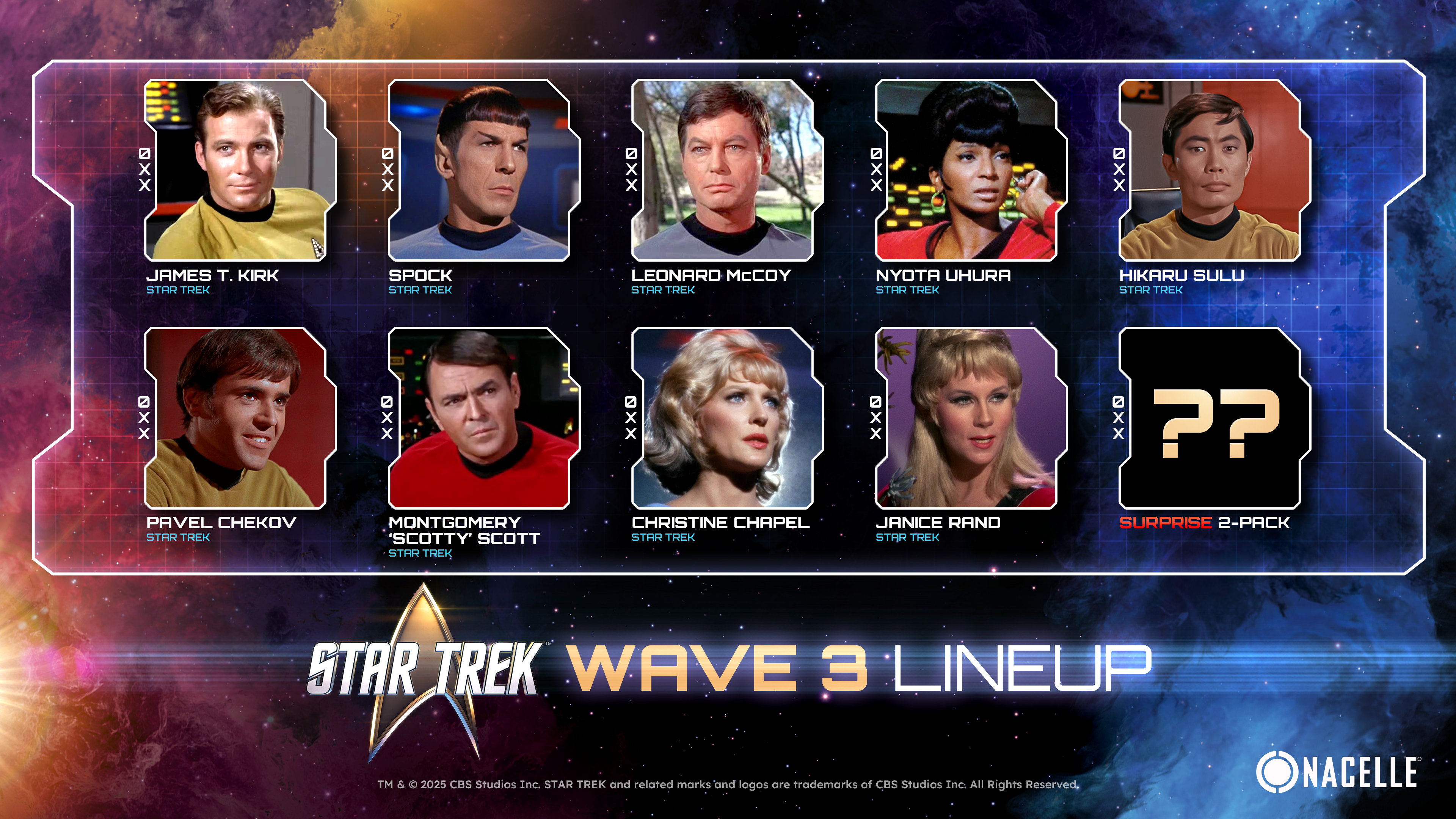 The Star Trek TOS bridge crew characters that will be featured in Nacelle's third wave of Star Trek action figures.