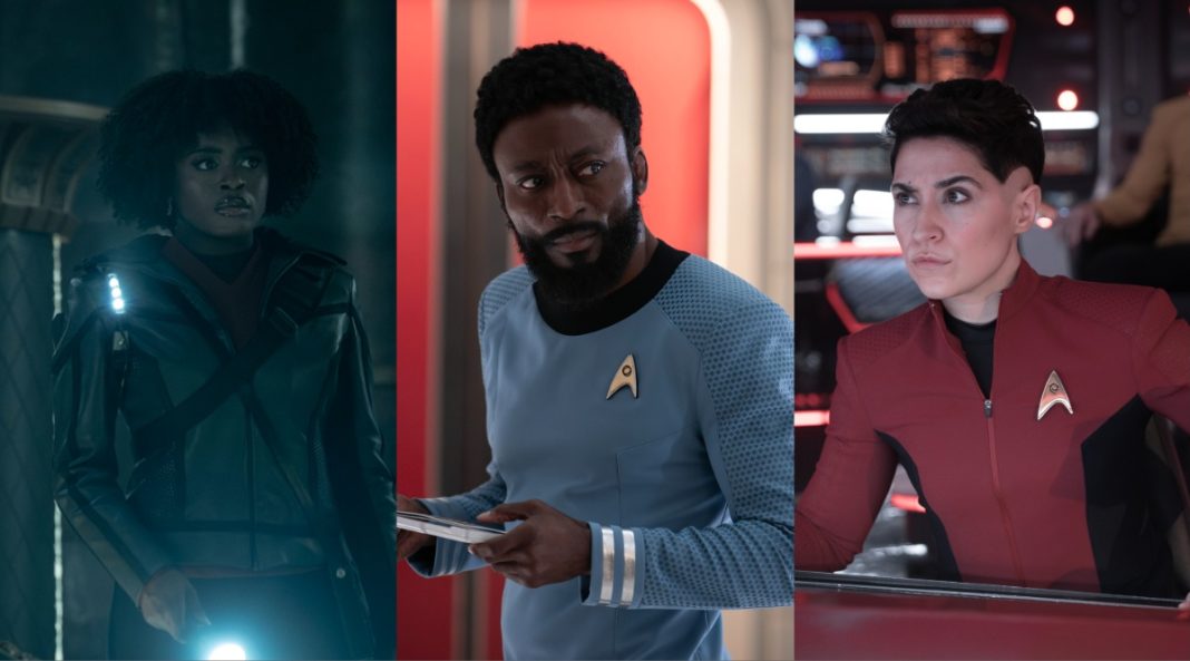 L: Uhura, C: M'Benga, R: Ortegas. From Star Trek: Strange New Worlds.