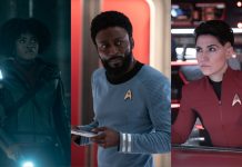 Interview: Celia Rose Gooding, Babs Olusanmokun & Melissa Navia on STAR TREK: STRANGE NEW WORLDS Season 3 L: Uhura, C: M'Benga, R: Ortegas. From Star Trek: Strange New Worlds.