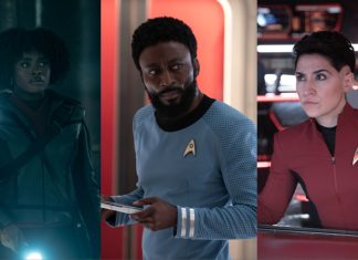 Interview: Celia Rose Gooding, Babs Olusanmokun & Melissa Navia on STAR TREK: STRANGE NEW WORLDS Season 3 L: Uhura, C: M'Benga, R: Ortegas. From Star Trek: Strange New Worlds.