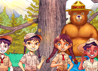 Everything to Know About SMOKEY’S JUNIOR RANGERS #1 Smokey's Junior Rangers: Smokey Bear and four kids in uniform standing in front of a tree in the forest.