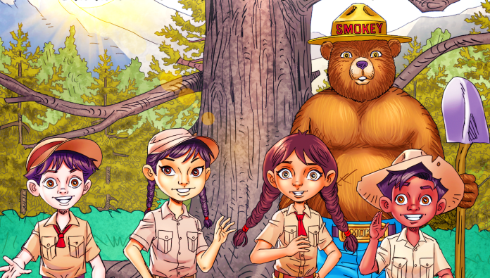 Smokey Bear Smokey's Junior Rangers: Smokey Bear and four kids in uniform standing in front of a tree in the forest.