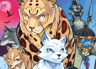 SNOWLANDS BOOK 1: A BLOOD MOON: The first book in a new fantasy graphic novel series from Scholastic Snowlands Book 1: A Blood Moon cover featuring the cast of animal characters.