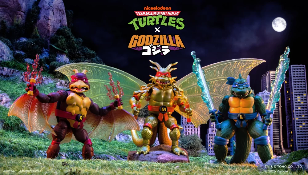 Left to right: TMNT x Godzilla's Raphael/Rodan, Michelangelo/King Ghidorah, and Leonardo/Godzilla