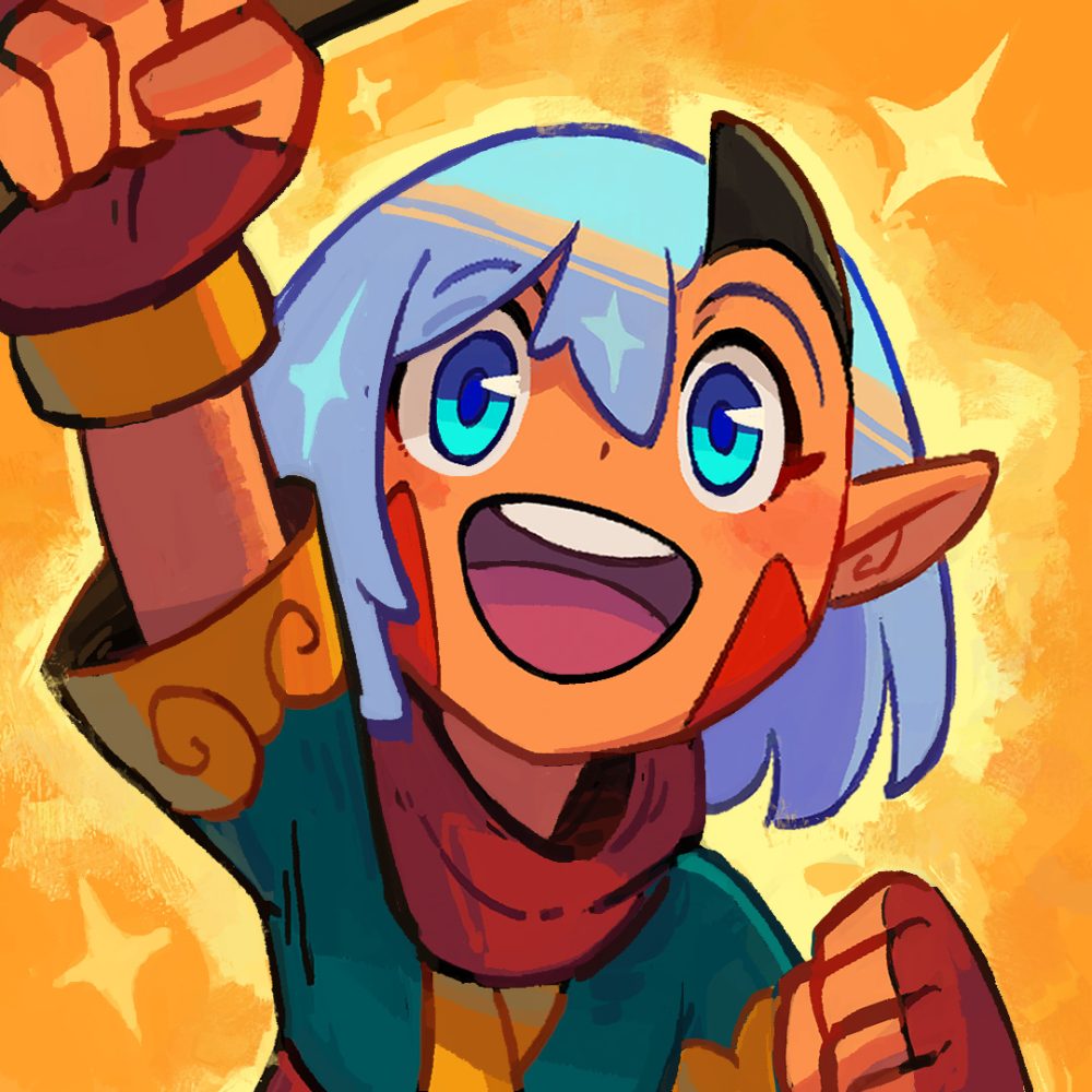 aventale image. a young smiling elf girl with one horn, blue hair and a red scarf raises a stick in the air.