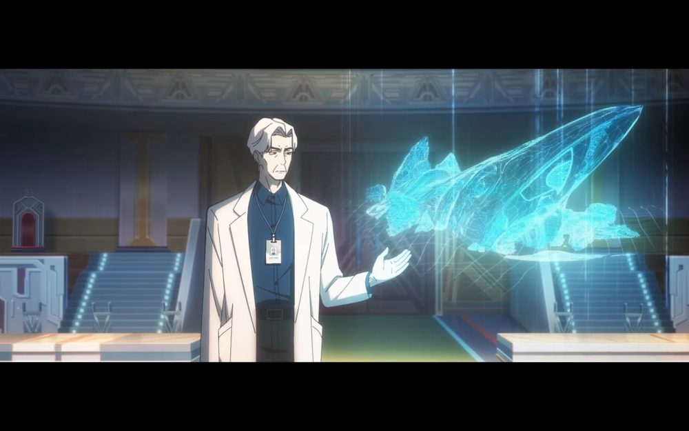 loli's father, a white-haired man, points at a blue projection of a crashed spaceship