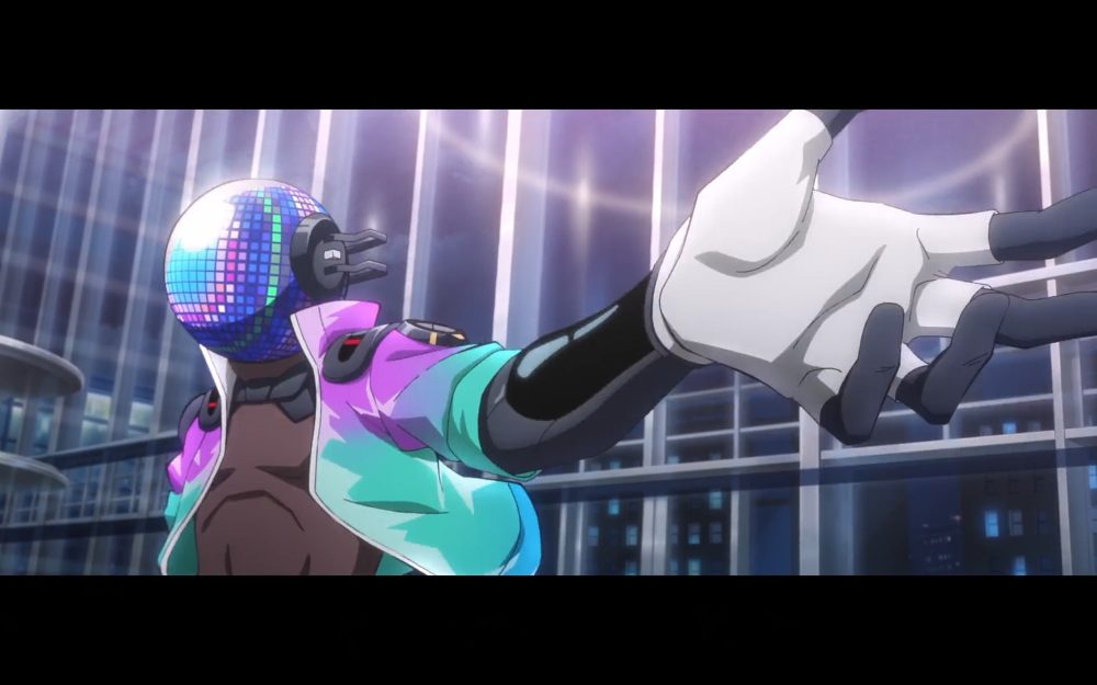 dj shindig, a superhero/villain with a disco ball helmet, throws out his arm and gets ready to party