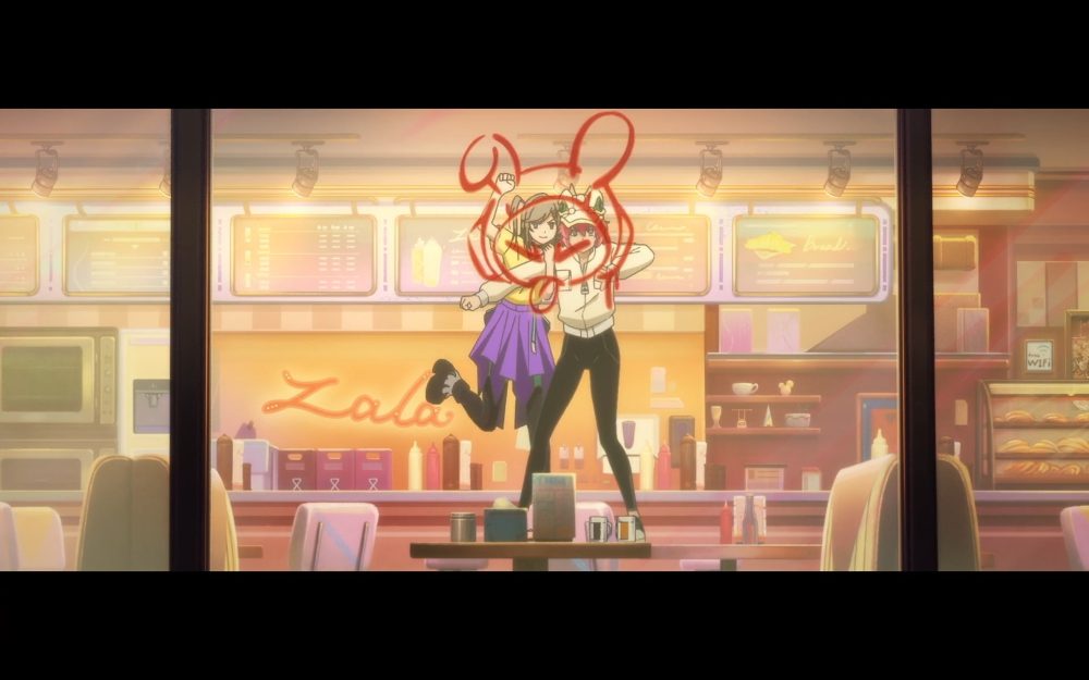 loli and nuonuo flip out a mysterious stalker after drawing a scowling rabbit face on the window of a seemingly empty restaurant in ketchup