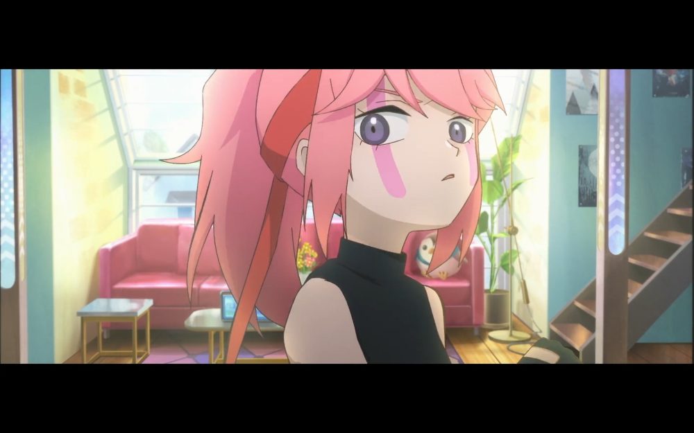 an image from to be hero x. loli as a child puts on a "superhero outfit" while looking at the camera