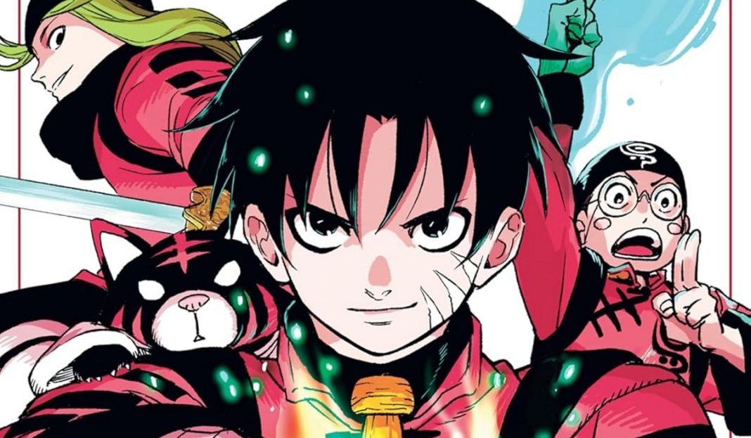 jiangshi x featured image. a boy poses with his two friends and a red and black miniature tiger.