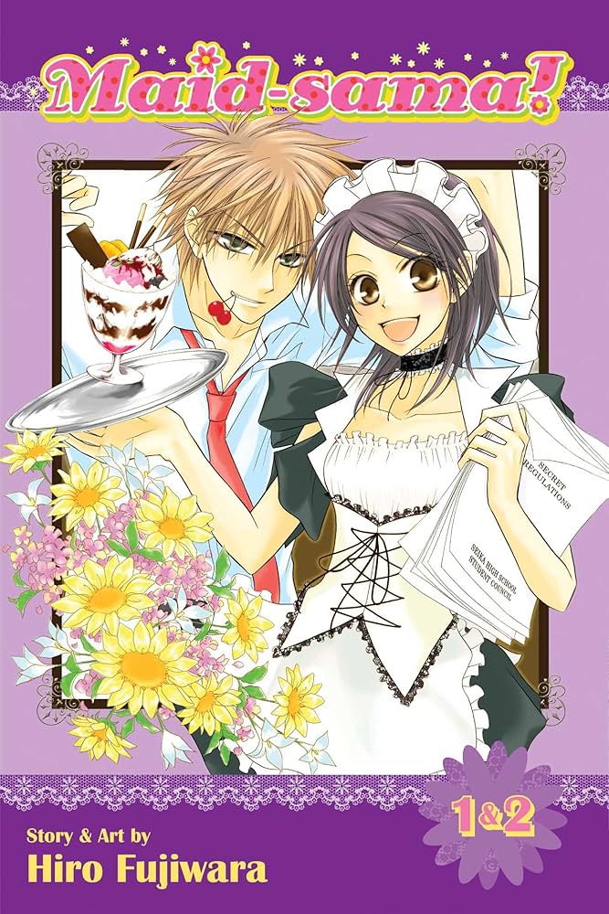 maid sama cover. a girl in a maid outfit stands holding a sheaf of papers labeled "secret regulations" in her right hand and an ice cream sundae on a platter in her left. she is standing next to a boy with red cherries in his mouth. flowers bloom from the lower left corner.